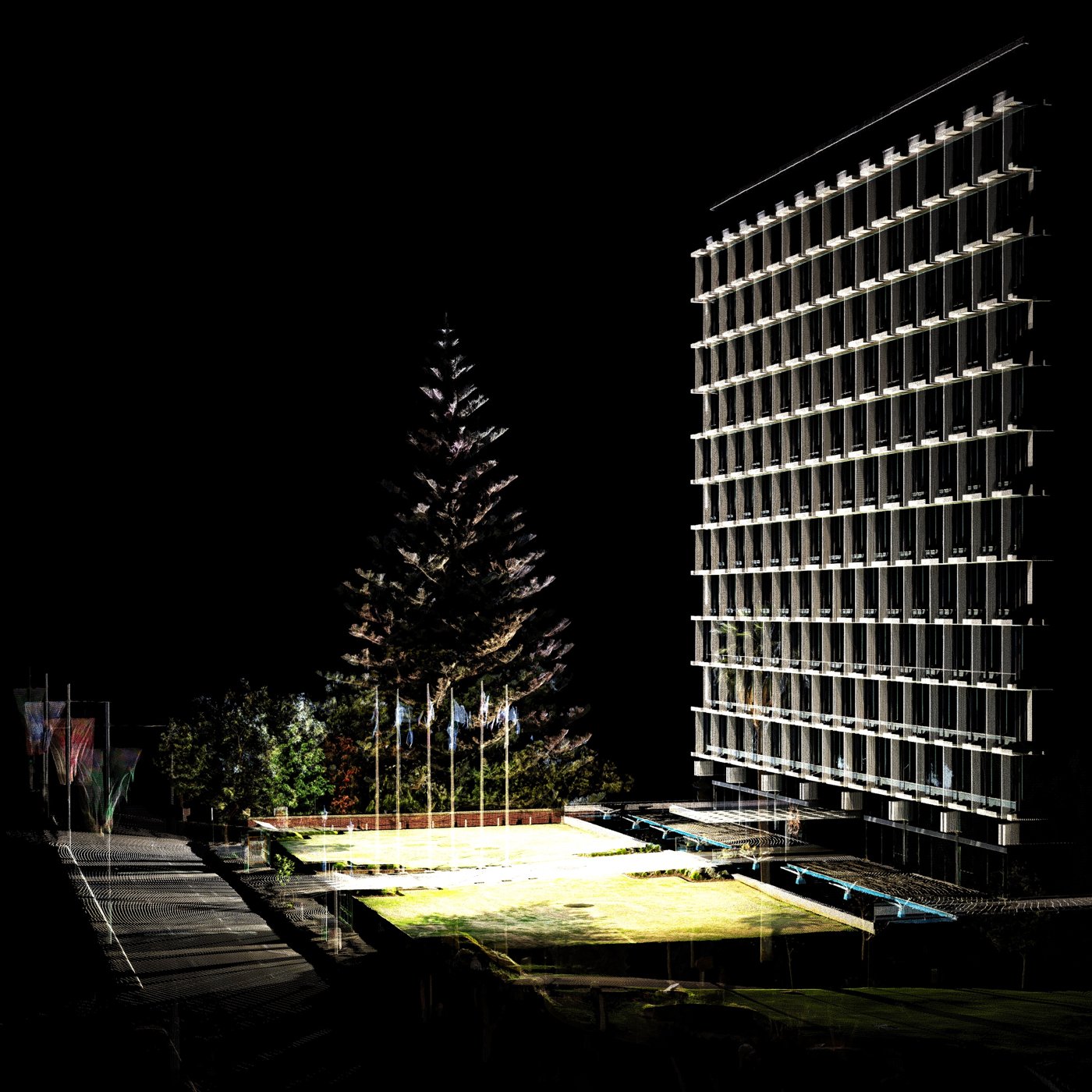 Still from the SpatialCo video for Civic Visions: point cloud of Council House, Perth, with its gridded facade, forecourt lawns, flagpoles and a Norfolk Island pine against black