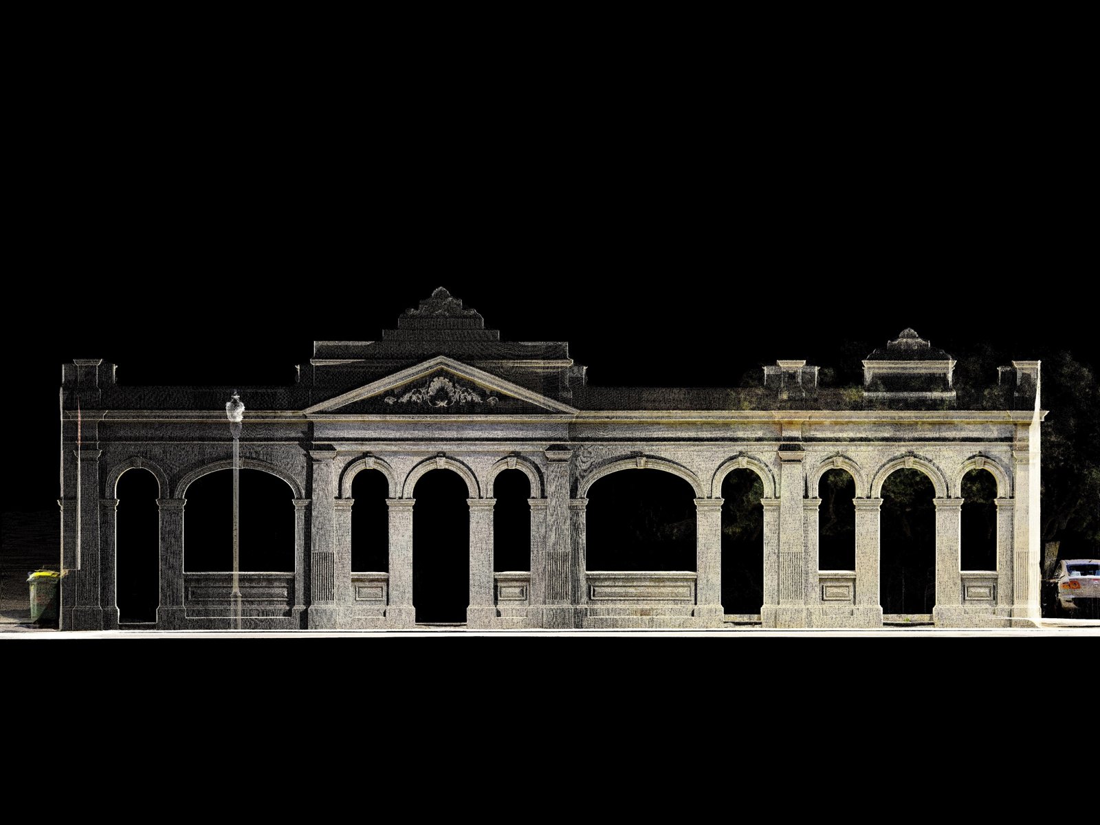 Wedding Wall: point cloud elevation of the arched heritage facade on Cliff Street, Fremantle, against black