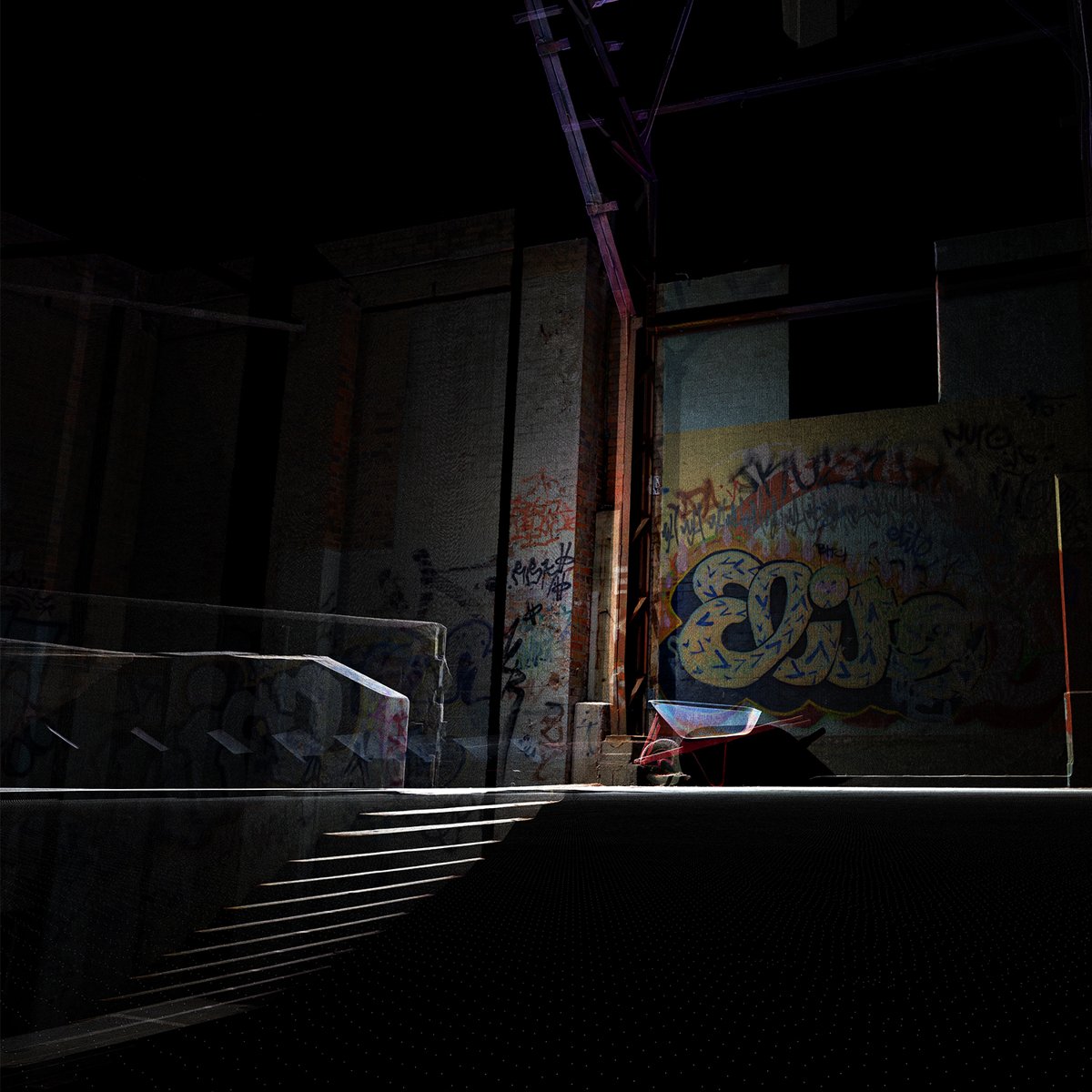 Point cloud scan of a dark industrial interior with graffiti-covered walls, steel trusses and a wheelbarrow