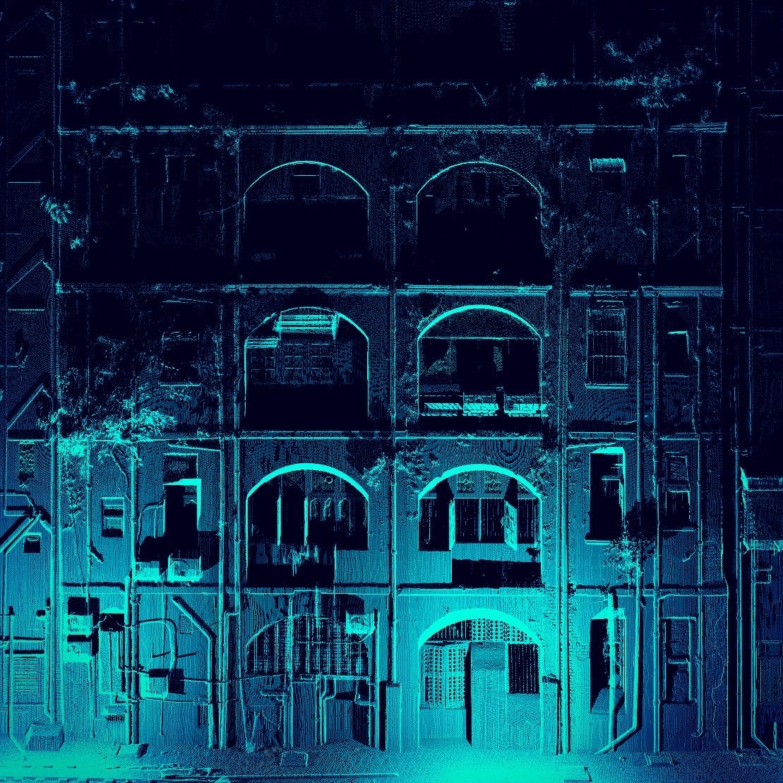 Yangon Alley Garden: teal point cloud scan of an arched colonial building facade in Yangon